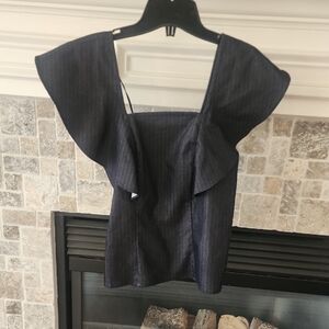 Nanette Lepore Navy Pinstripe Square-Neck Flutter Sleeve Top